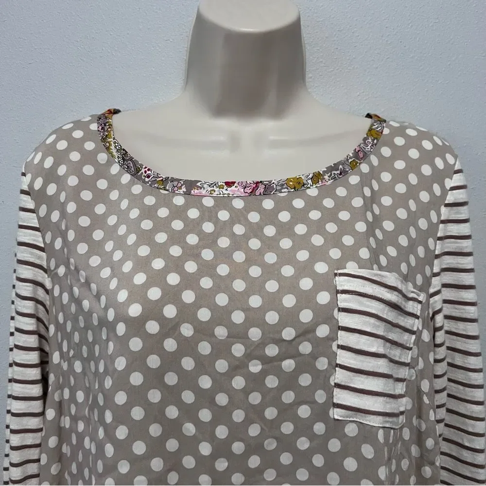 Anthropologie Beige and White Polka Dot Mixed-Pattern Blouse